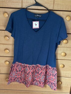 Liza Byrd Navy V-Neck Top with Coral Floral Peplum